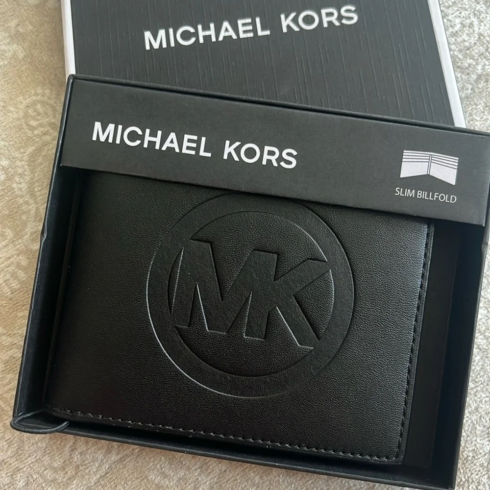 Brand New Michael Kors Genuine Leather Jet Set Mens Black Slim Bifold Wallet